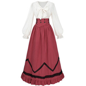 Women's Victorian Peasant Cottagecore Coquette Skirt Blouse Set Medieval Pirate